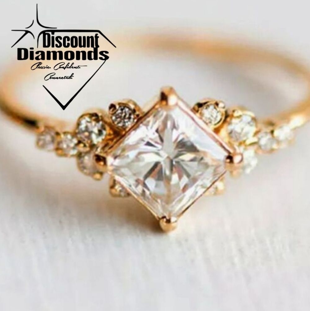 Clear White Diamond & White Baguette Diamond Cocktail Ring 14K Gold on 925